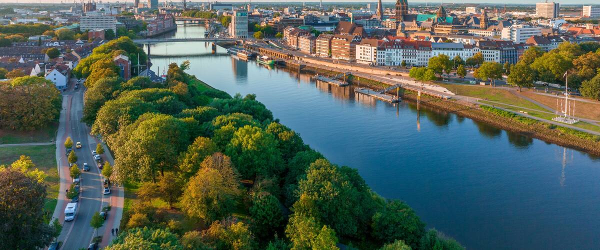 A river with a bridge, a city skyline, and a dense tree line.