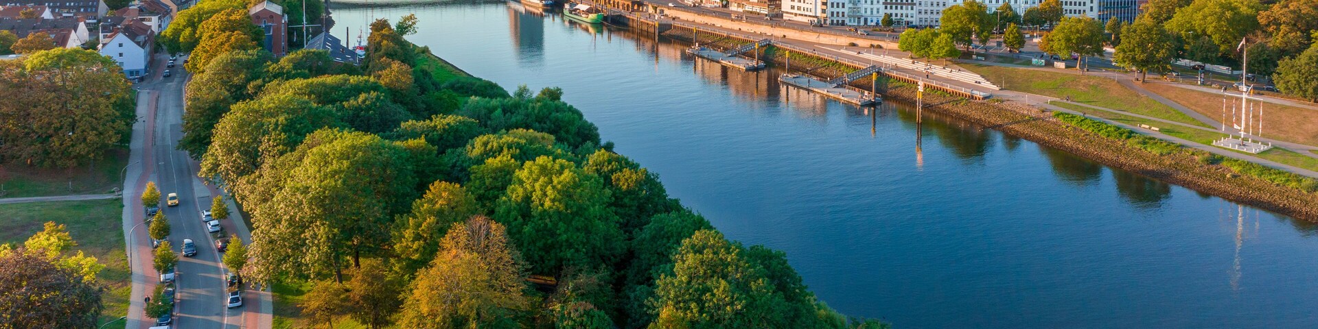 A river with a bridge, a city skyline, and a dense tree line.