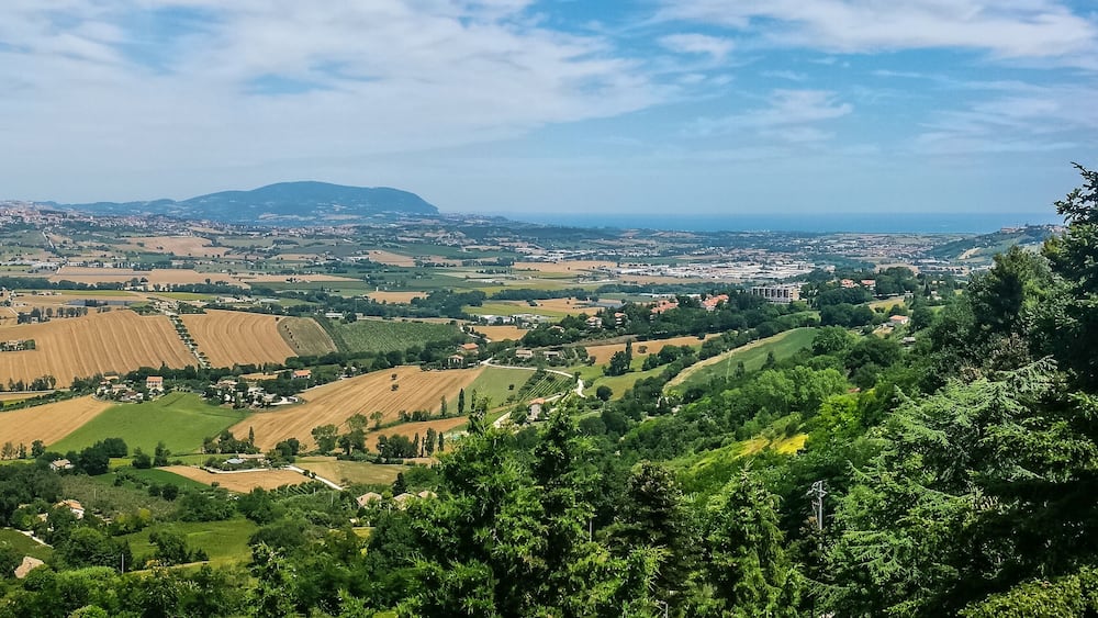 Ein weitreichender Panoramablick auf eine hügelige Landschaft mit Feldern, einem entfernten Berg und einem Turm.