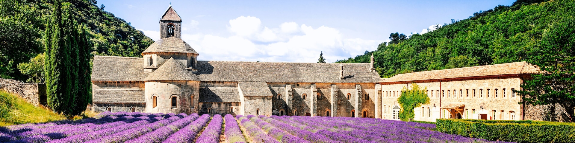 Un edificio histórico de piedra con un campanario, rodeado de campos de lavanda y colinas boscosas.