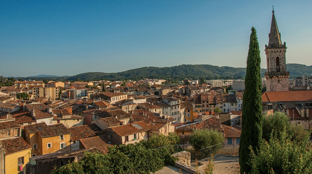 View of the lively and gracious town of Draguignan from the hill of the clock tower, under the colorful light of the sunset. Located in the Var department, Provence region, southeastern France