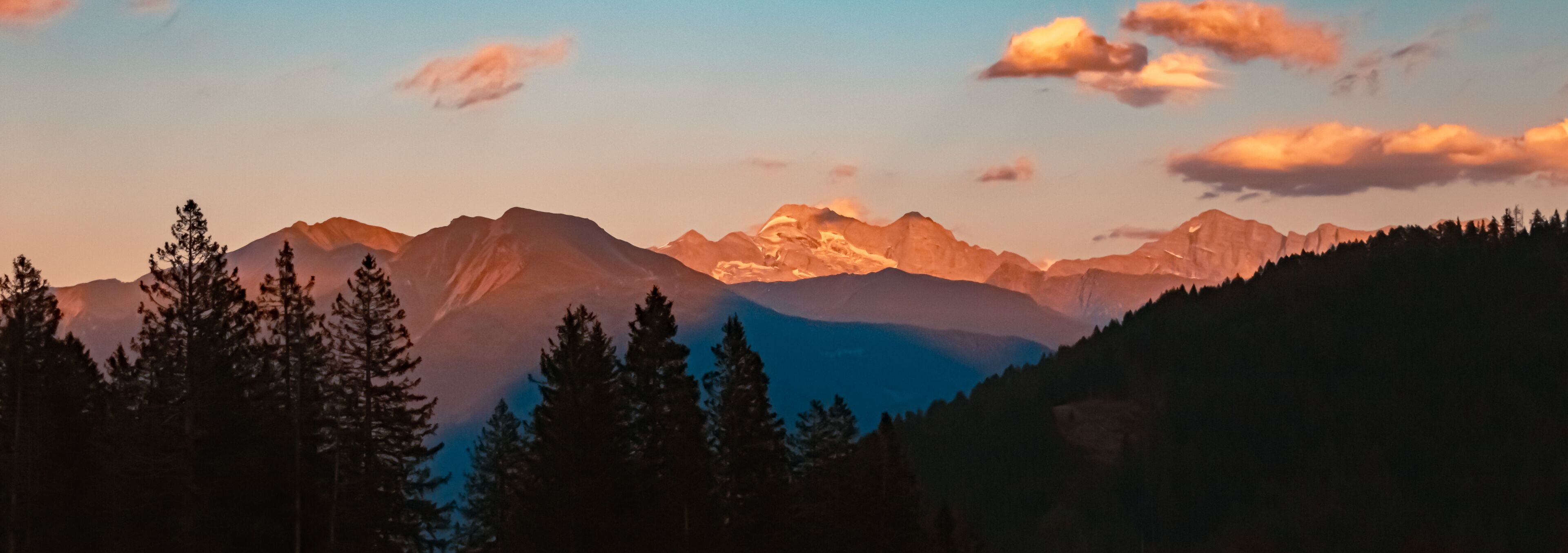 A mountain range at sunset with silhouetted trees in the foreground.