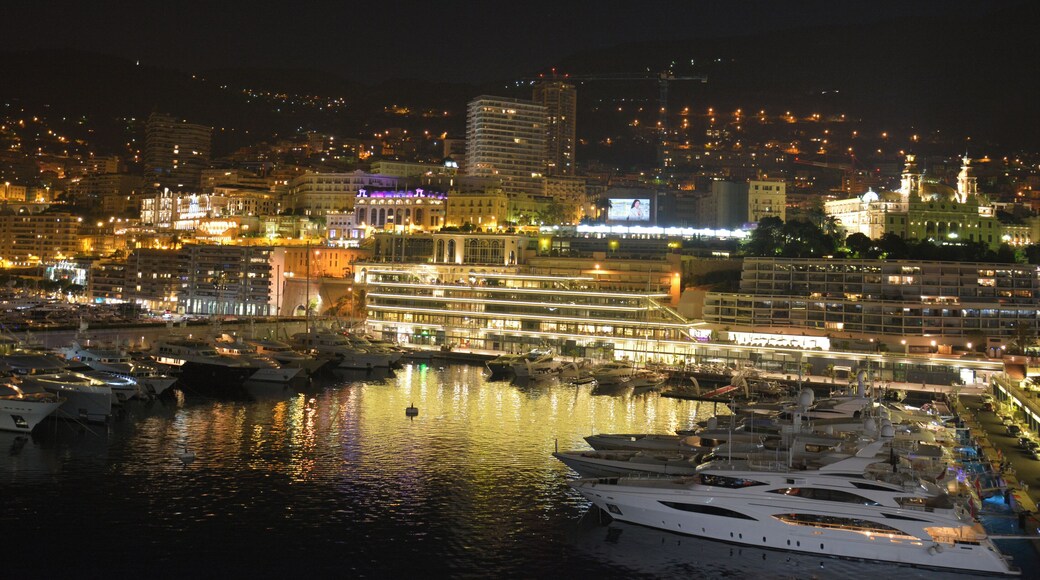 Night harbour with the casino on the hill