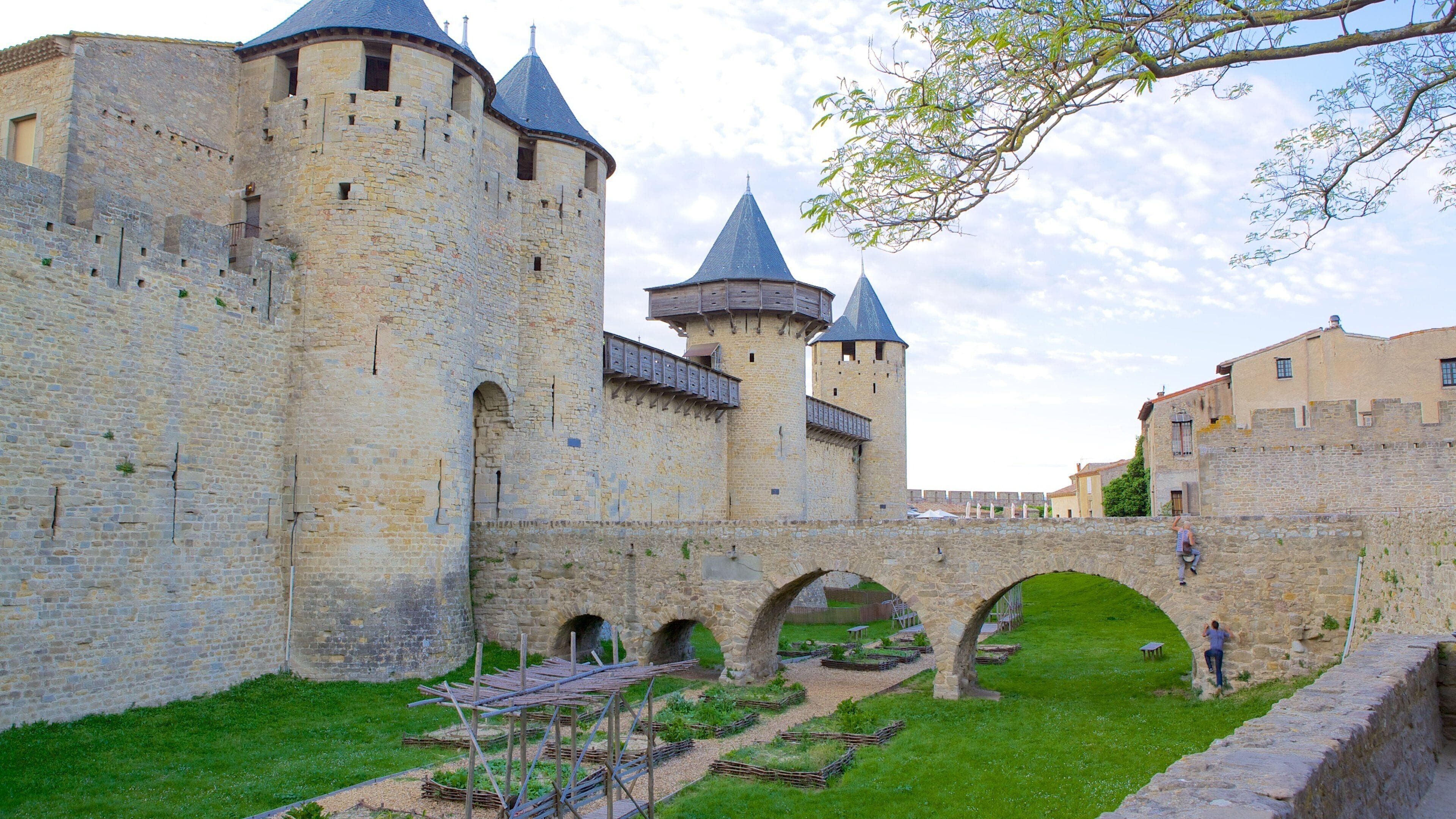 Un château médiéval en pierre, doté d’une tour centrale, d’un pont et d’une cour verdoyante.