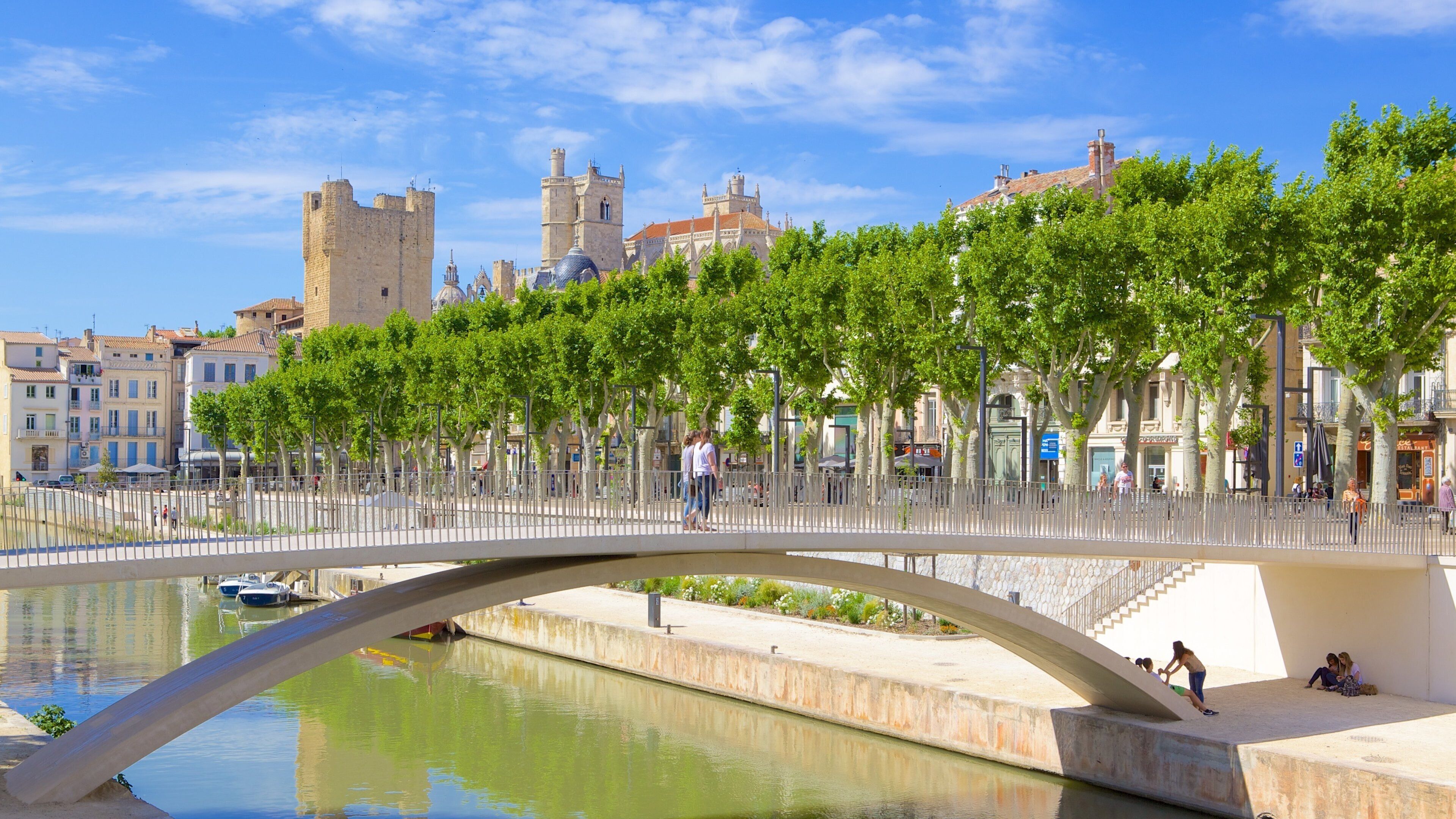A bridge over a canal with a castle in the background.
