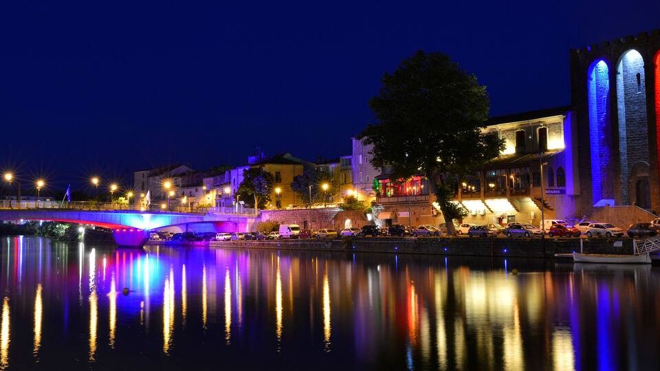 A nighttime river scene with a bridge, illuminated buildings, and a castle-like structure with colorful lights.