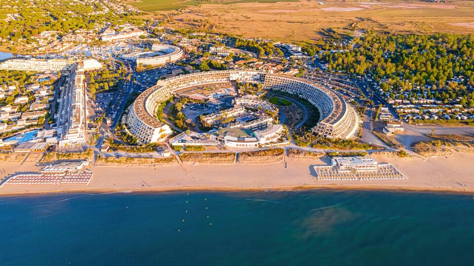 Aerial view of Cap d'Agde a seaside resort and naturist village on France's Mediterranean coast, Europe
