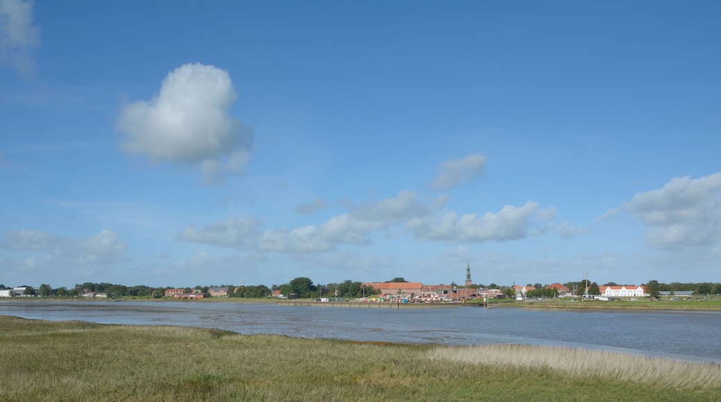 Blick über den Fluss Eider auf Tönning auf der Halbinsel Eiderstedt,Nordfriesland,Schleswig-Holstein,Deutschland