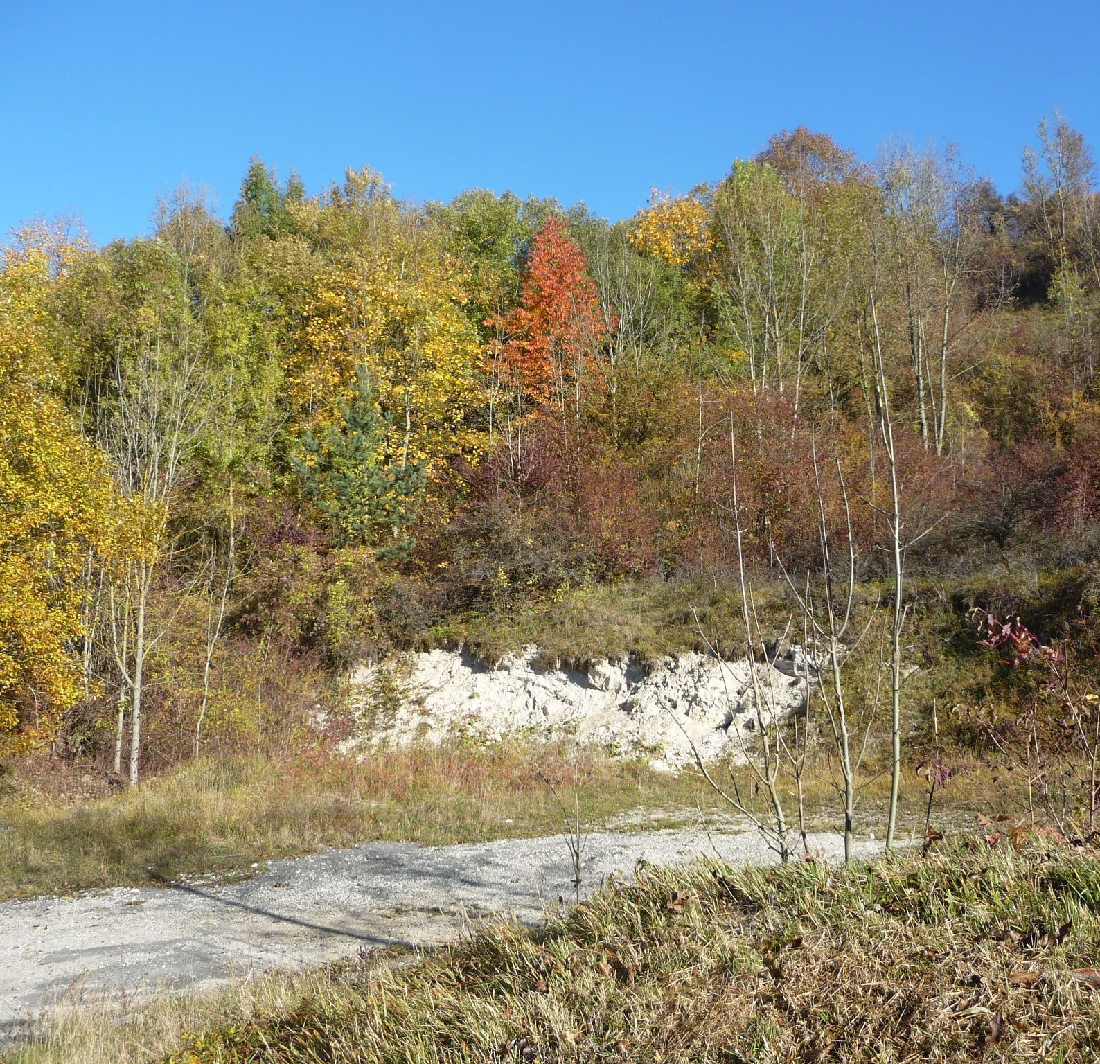 Hier rutschte in den frühen 1970er Jahren der Abraum des Steinbruchs ab und verschob die ganze Straße.