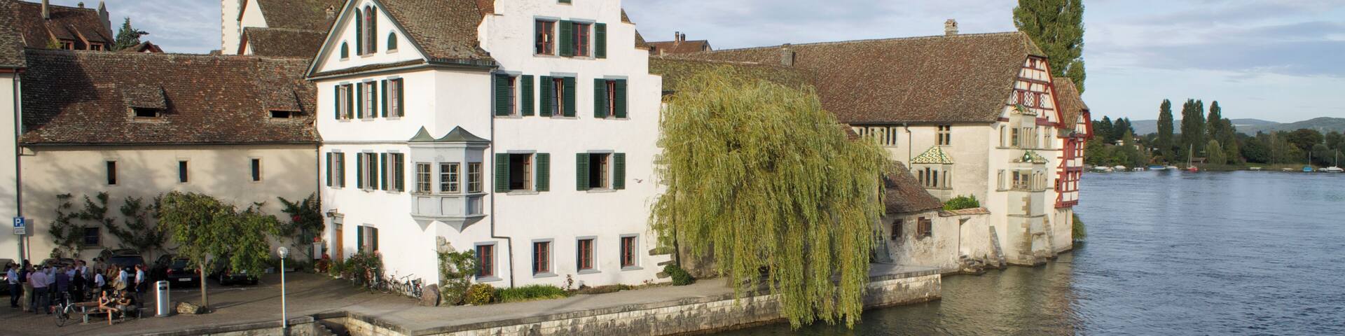 A riverside town with historic buildings, a church tower, and a willow tree.