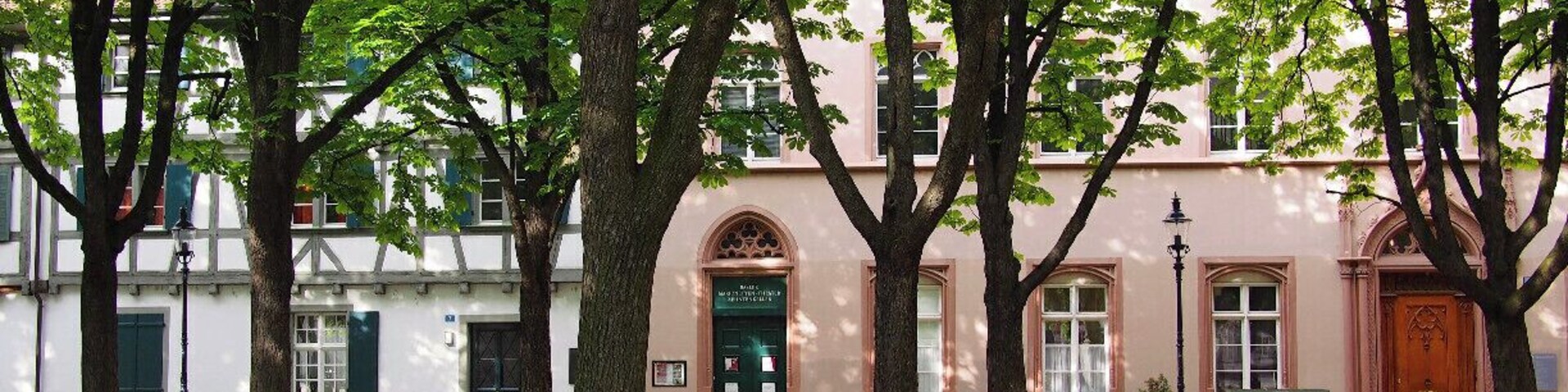 Un parque con árboles y un edificio con puerta verde.