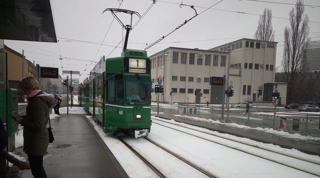 A tram station in Basel covered in snow
