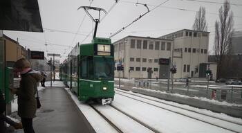 A tram station in Basel covered in snow