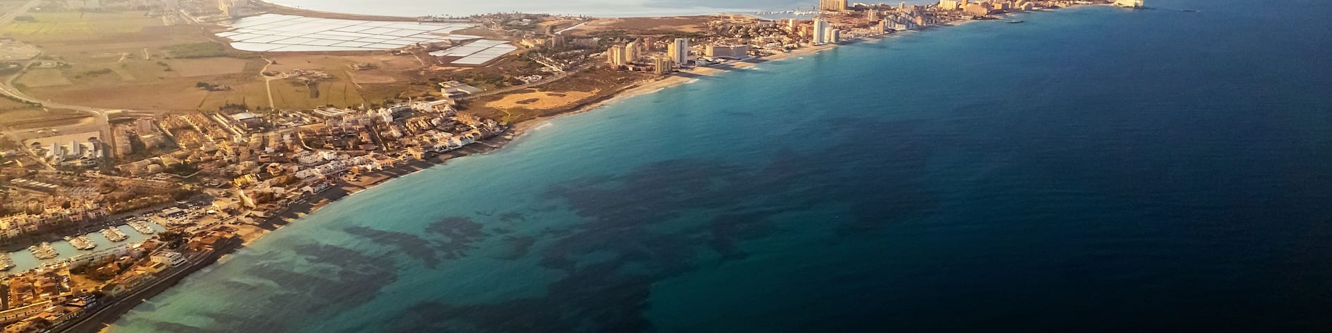 Aerial view La Manga del Mar Menor townscape. Murcia, Spain
