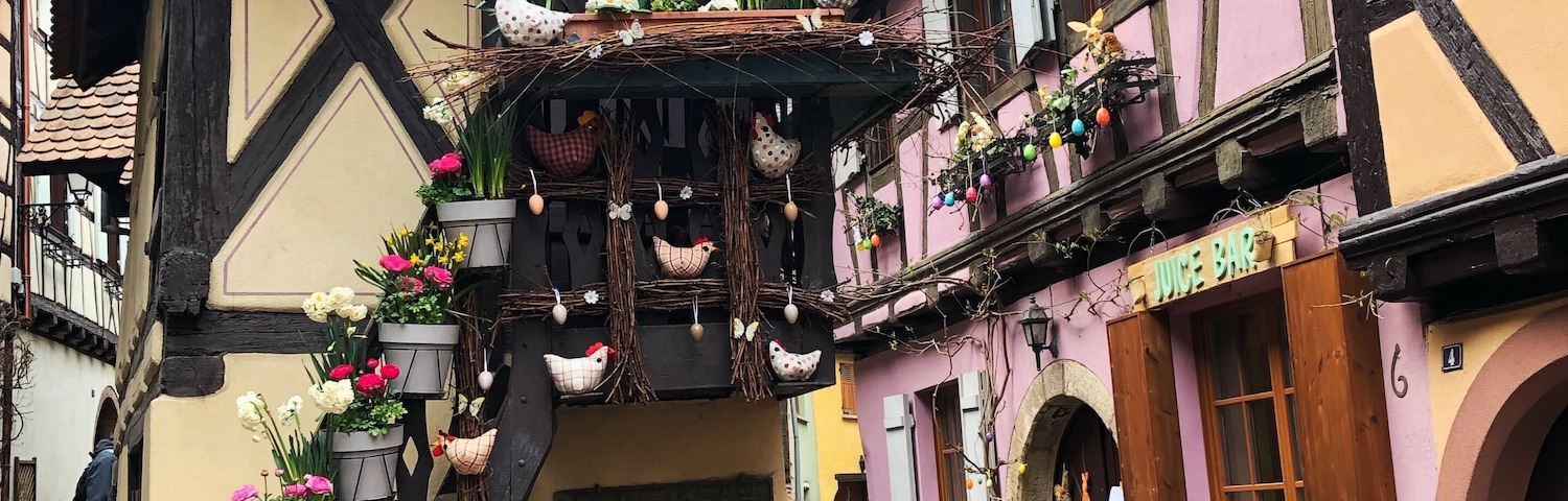 A medieval village in the Alsace region of France, Eguisheim is well worth a visit.
The outer rue encircles the main town square filled with many timbered houses. In the centre we where lucky to see the storks nesting on top of the church too.