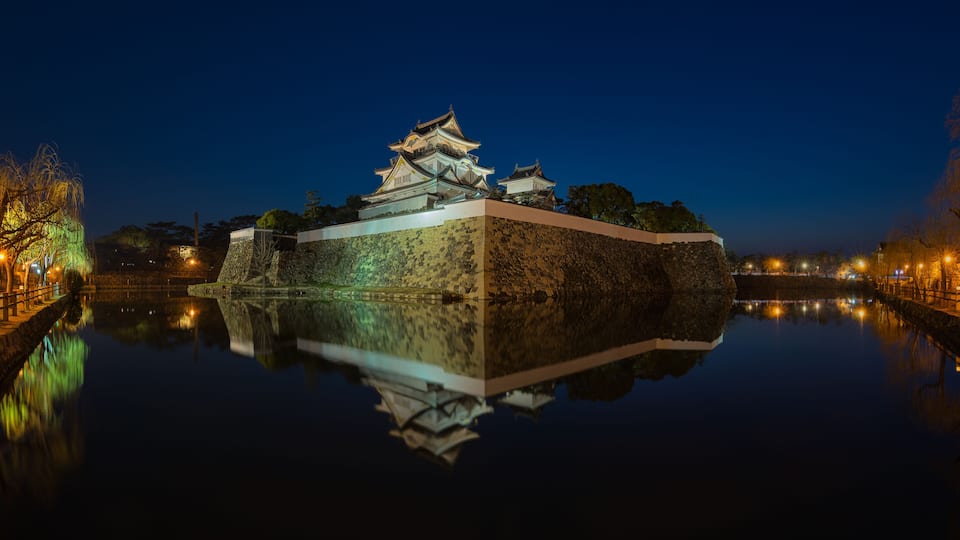 A traditional Japanese castle with a moat, illuminated by night lights, reflecting on the water.