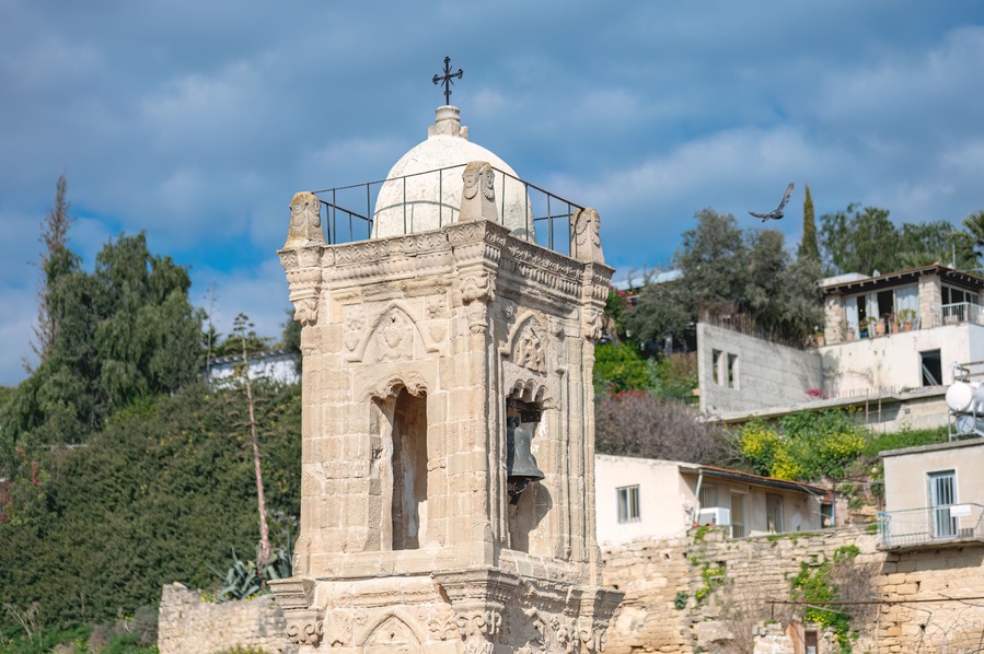 Bell tower rising above Tochni village in Cyprus