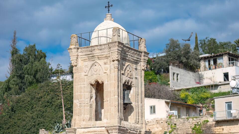 Bell tower rising above Tochni village in Cyprus