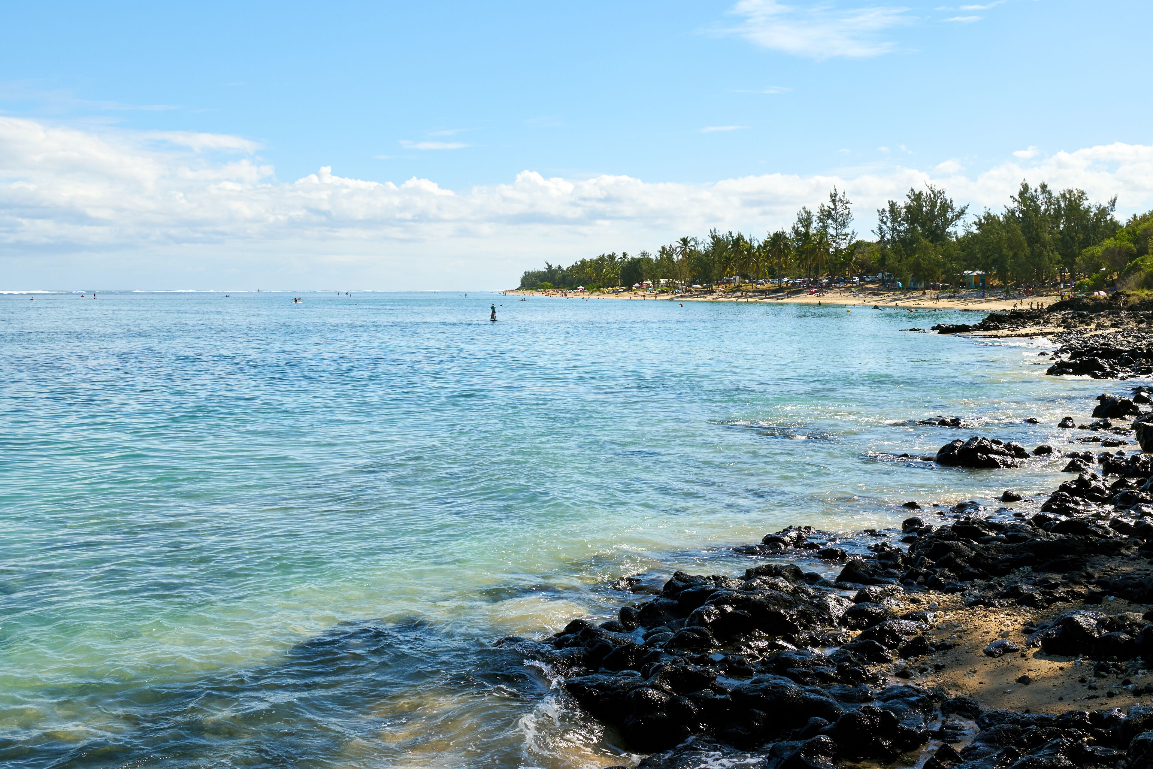 Una costa rocosa con agua azul cristalina, una playa arenosa y una fila de árboles al fondo.