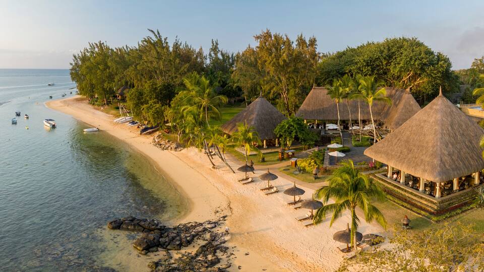 A beach resort with thatched-roof huts, palm trees, and a calm sea.