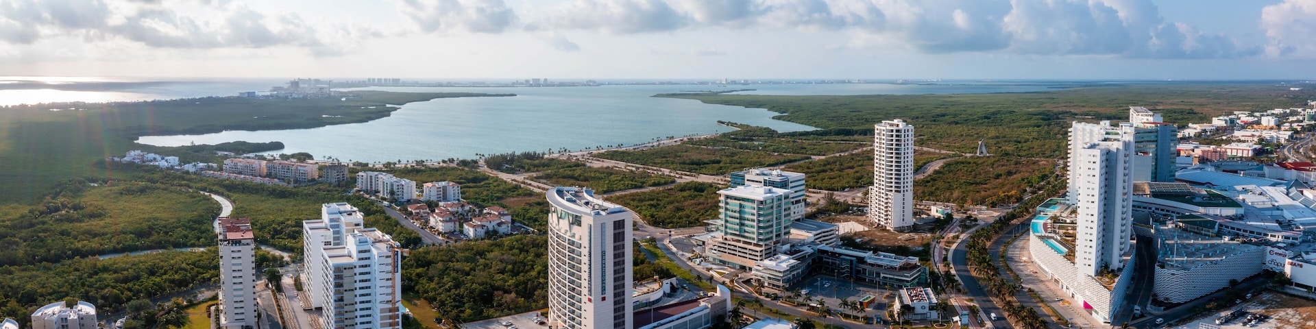 Aerial view of the Cancun downtown. Busy street with small buildings near the beach area of Cancun in Mexico.