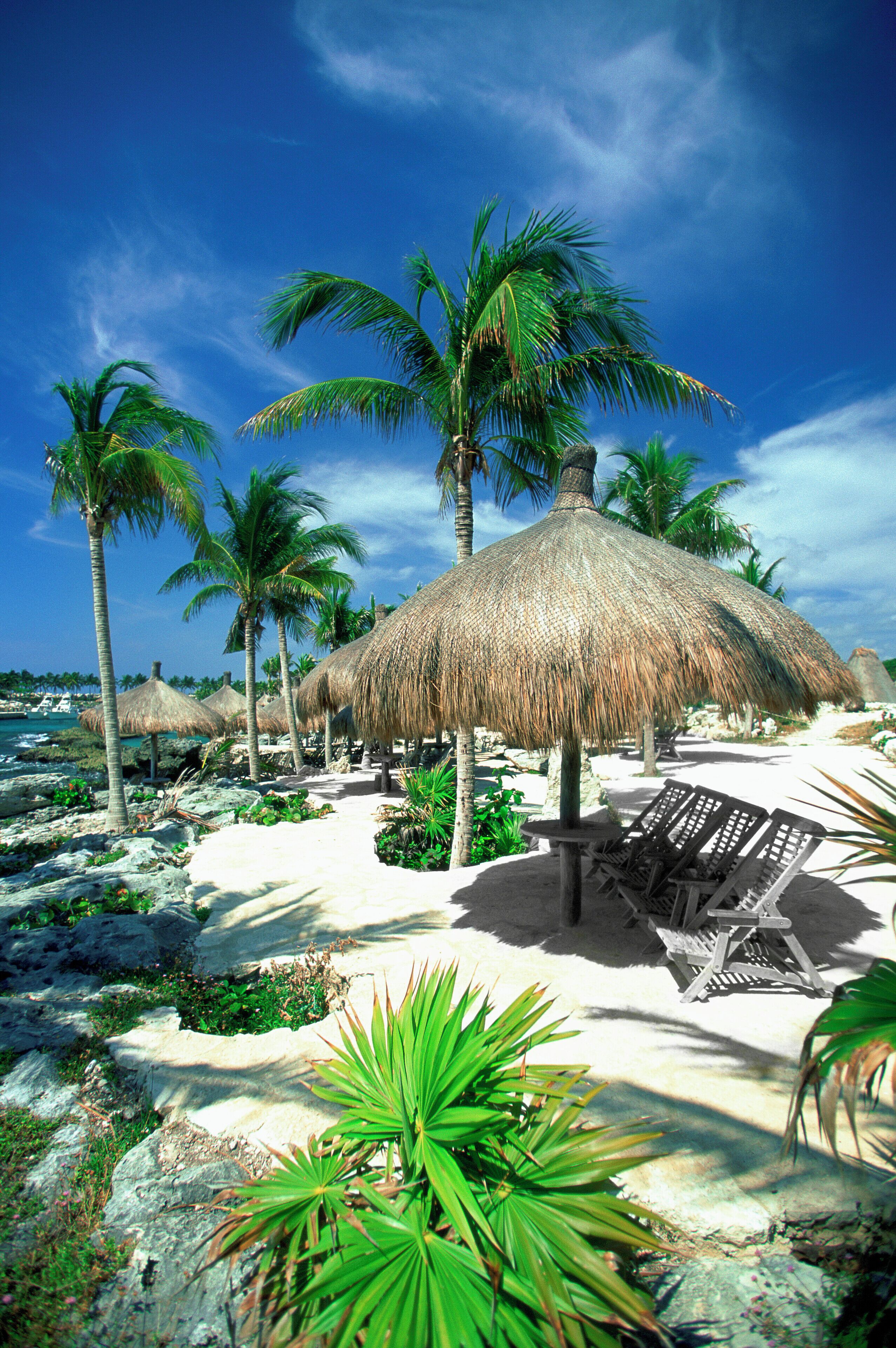 Mexico, Xcaret, Lagoon, Beach umbrella on the beach