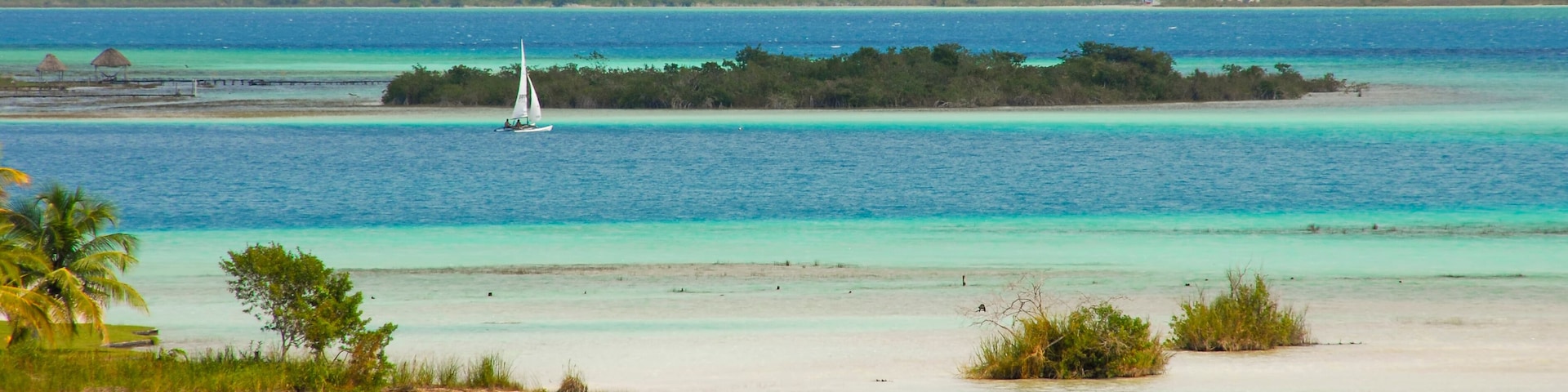 Perfect view of caribbean lagoon Bacalar. Seven Color water. Lagoon in Mayan Mexico at Quintana roo