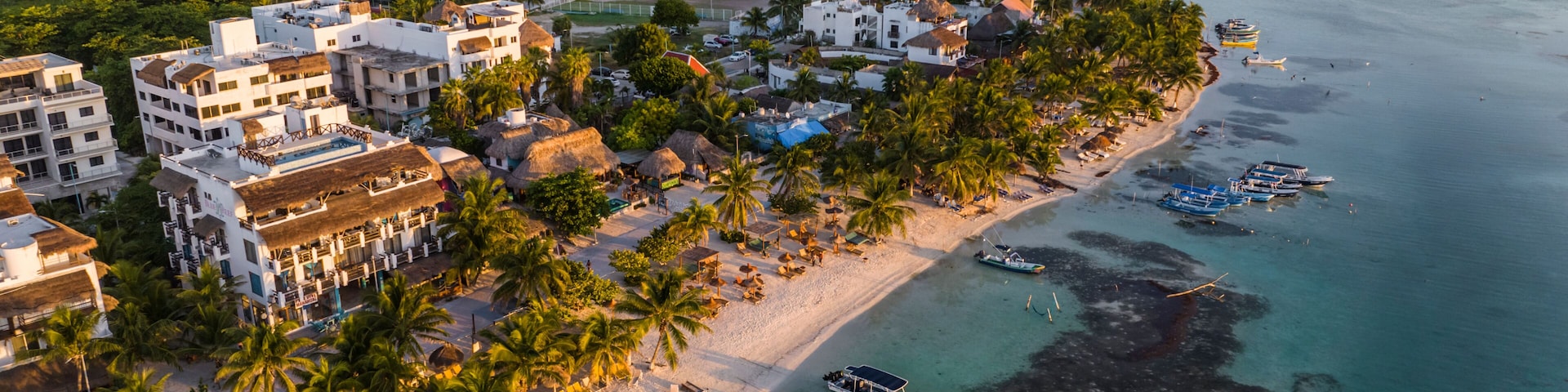 Aerial view of Mahahual, a small town along the coastline, Quintana Roo, Mexico.