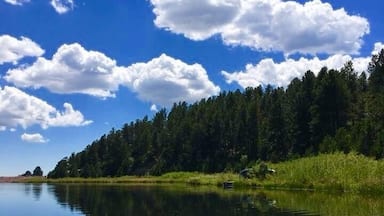 Un lac paisible aux eaux claires où se reflètent les nuages, entouré d’une forêt dense.