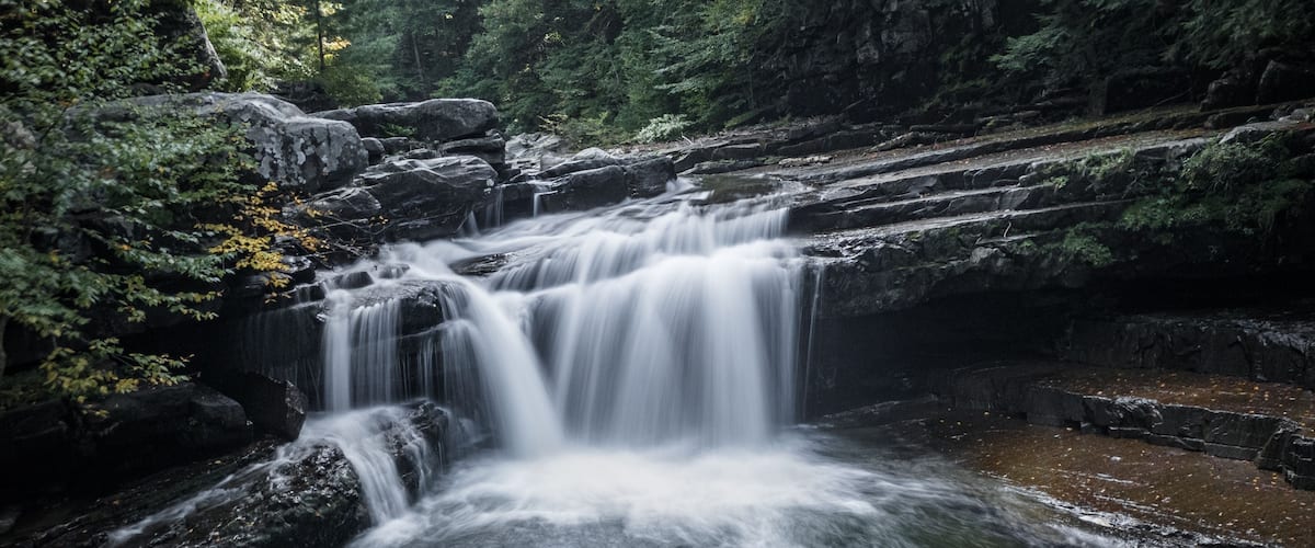 Una cascada fluye sobre rocas en un área boscosa.