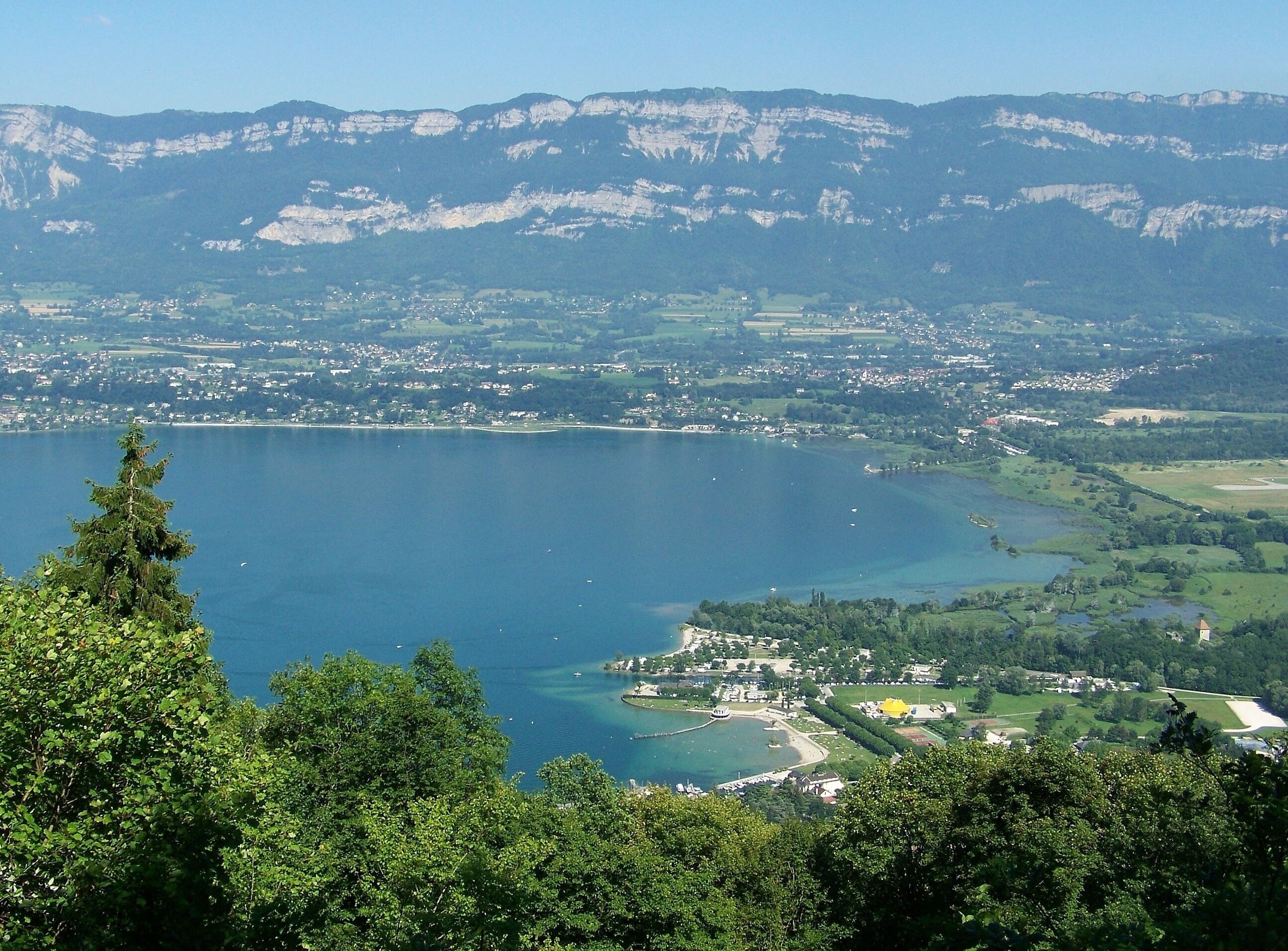 Sight of southern part of lac du Bourget lake, from the heights of le Bourget-du-Lac near Chambéry in Savoie, France.