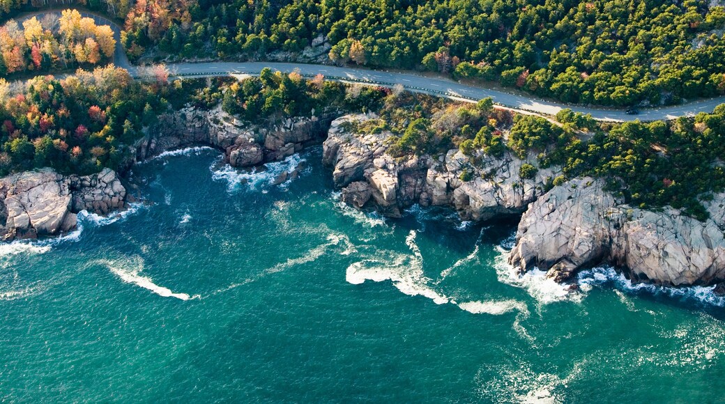 An aerial view of a coastal area with a winding road, rocky cliffs, and a forested landscape.