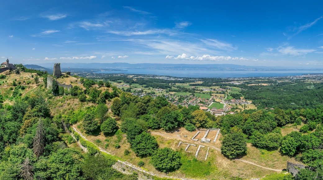 Aerial view of Allinges castle a medieval ruin and a castle with bastions on the hill above the Lake Geneva in France