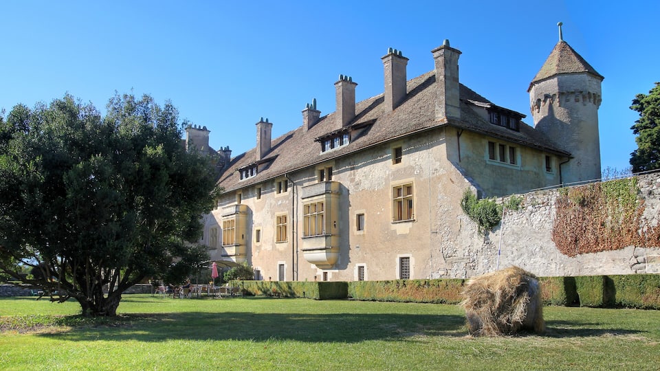 A historic building with a tower and multiple chimneys.