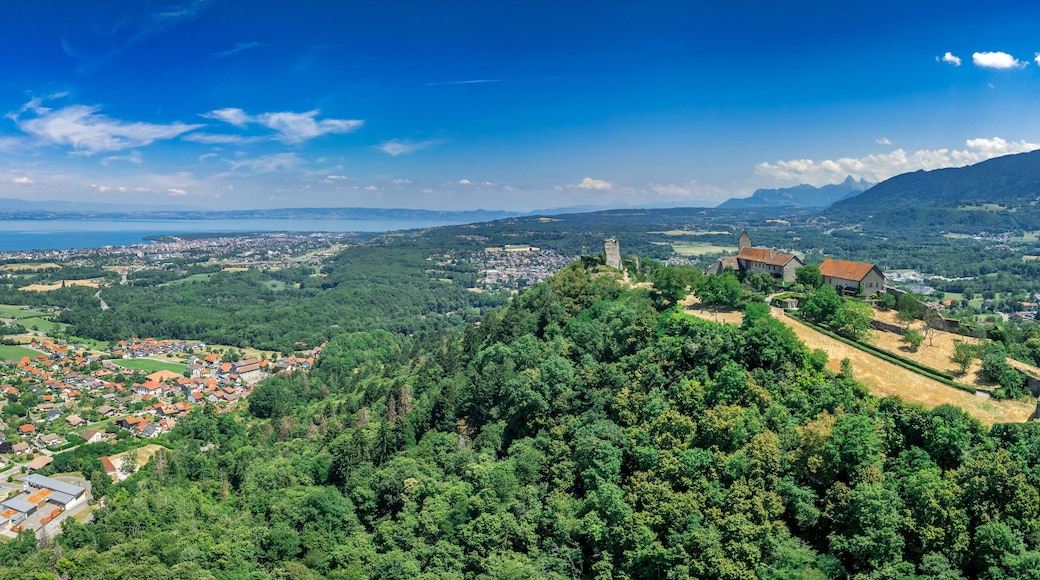 Aerial view of Allinges castle a medieval ruin and a castle with bastions on the hill above the Lake Geneva in France