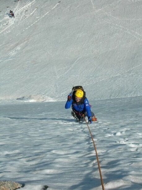 These are the slopes of the Petit Aguille Vert in the Mont Blanc Massif near Argentiere, France. The ascent was up a snow-ice slope of about 40 degrees  so not technically difficult. The main difficulty was it's length and huge bergschrund to negotiate. Not so bad going up, but very difficult descending as next photo shows. Access the climb from the Grand  Montets  cable car. #frenchalps  #mountaineering  