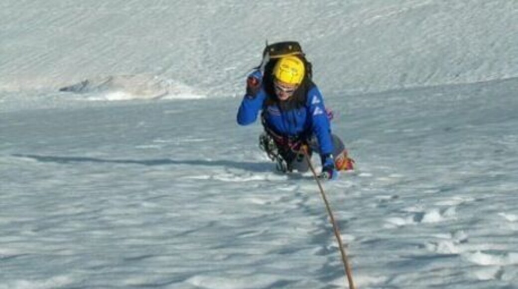 These are the slopes of the Petit Aguille Vert in the Mont Blanc Massif near Argentiere, France. The ascent was up a snow-ice slope of about 40 degrees so not technically difficult. The main difficulty was it's length and huge bergschrund to negotiate. Not so bad going up, but very difficult descending as next photo shows. Access the climb from the Grand Montets cable car. #frenchalps #mountaineering