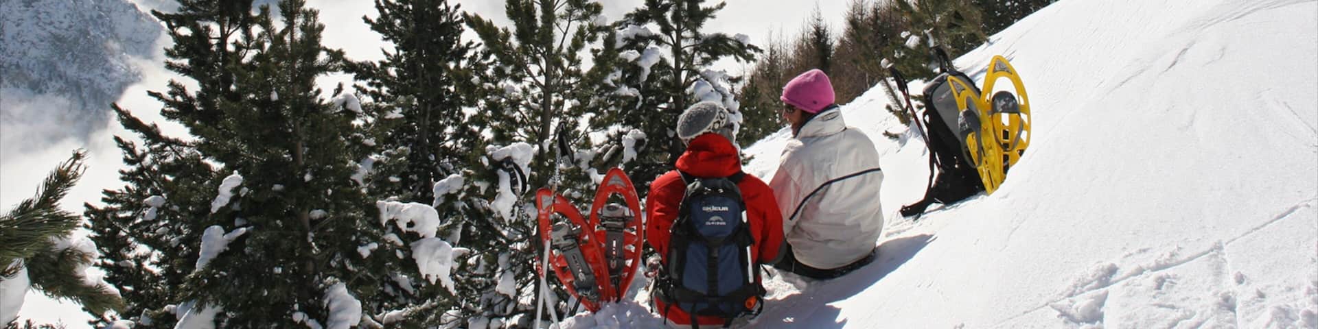 A snowy mountain landscape with hikers and a snowboard.