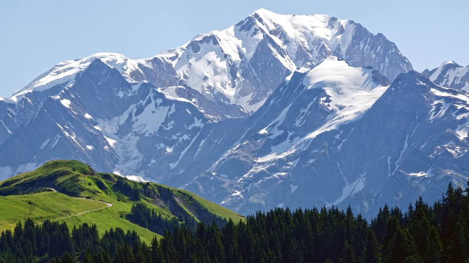 A snow-capped mountain range with a green valley and forested area in the foreground.