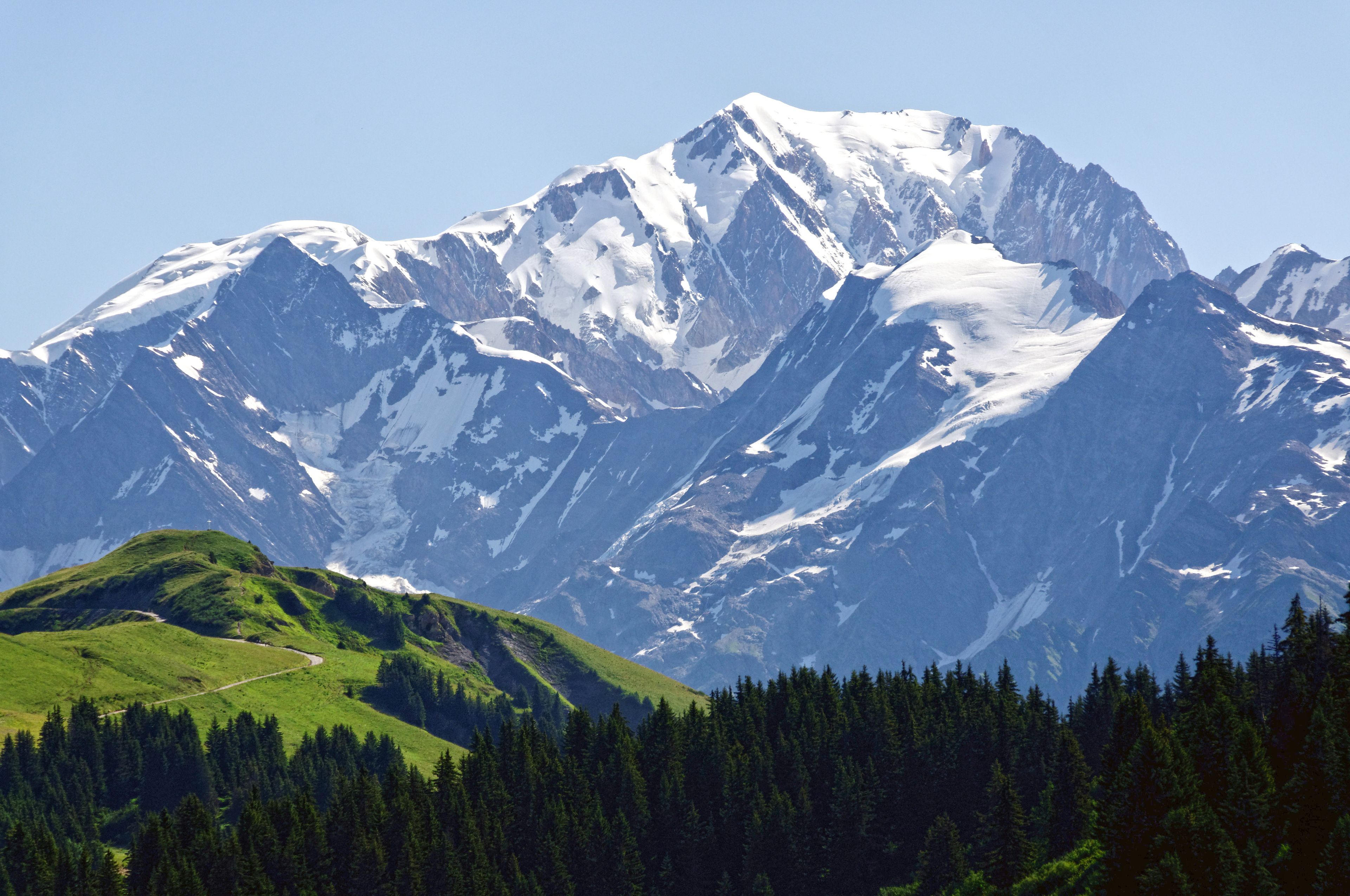 A snow-capped mountain range with a green valley and forested area in the foreground.