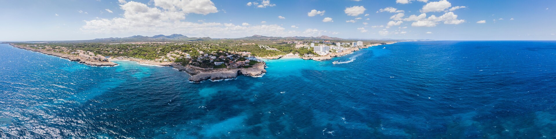 Aerial view, coast with hotels and villas, Cala Tropicana and Cala Domingos, Porto Colom region, Mallorca, Balearic Islands, Spain