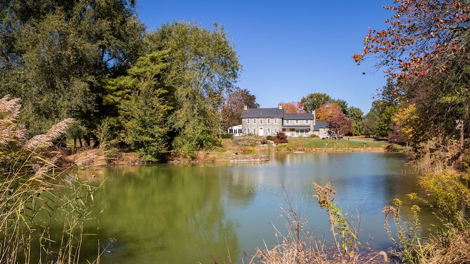 The old farmhouse at Louise Moore public park in Easton, Pennsylvania is used for office purposes, specifically the Farmland Preservation Office.