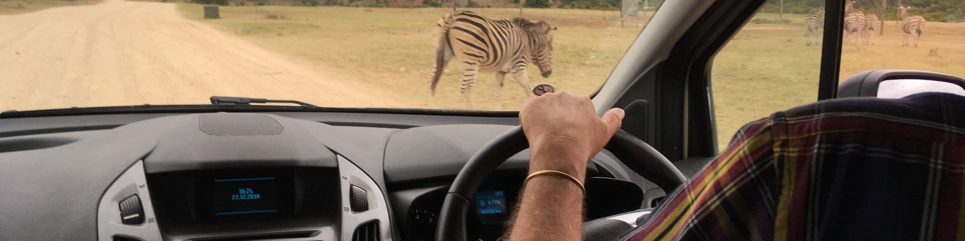 A car driving on a dirt road with zebras in the distance.