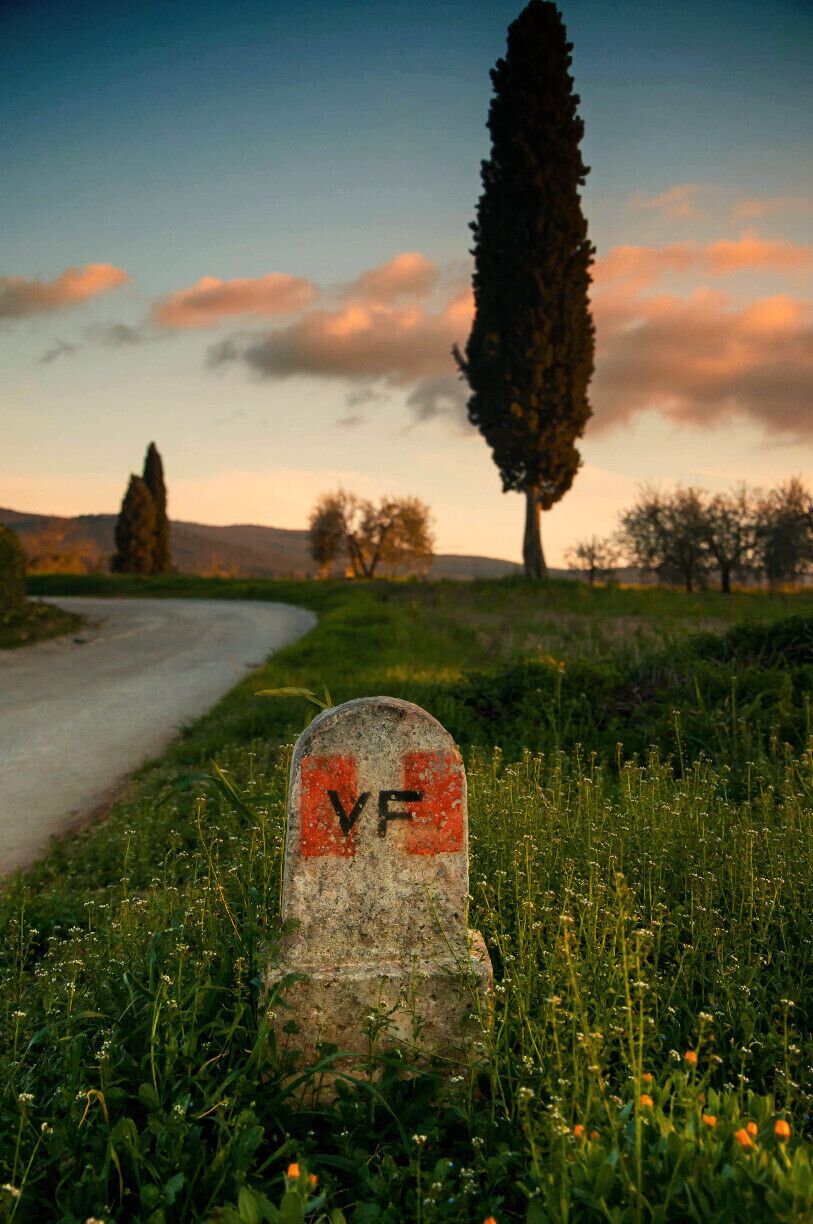 A gravestone with the inscription "VF" in a grassy field with a winding road and trees in the background.
