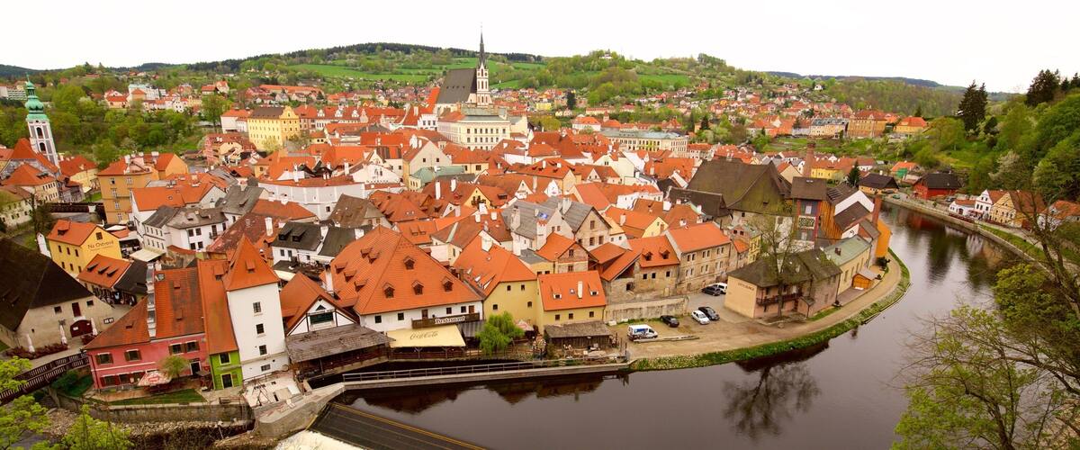 A river with a bridge, a town with red-roofed buildings, and a church with a spire.