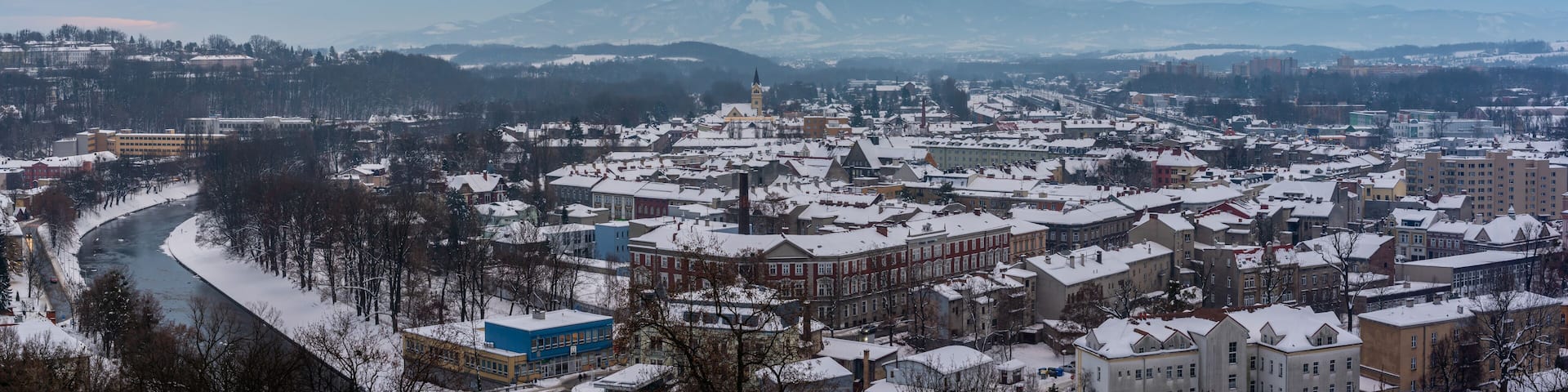 Panorama of Cesky Tesin and Olza river in the wintertime