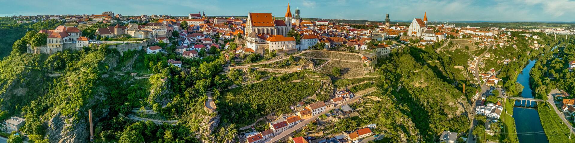 An aerial view of a historic town with a prominent church, castle, and river.