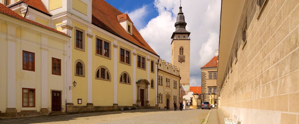 A cobblestone street lined with historic buildings, a prominent church tower, and a bench.