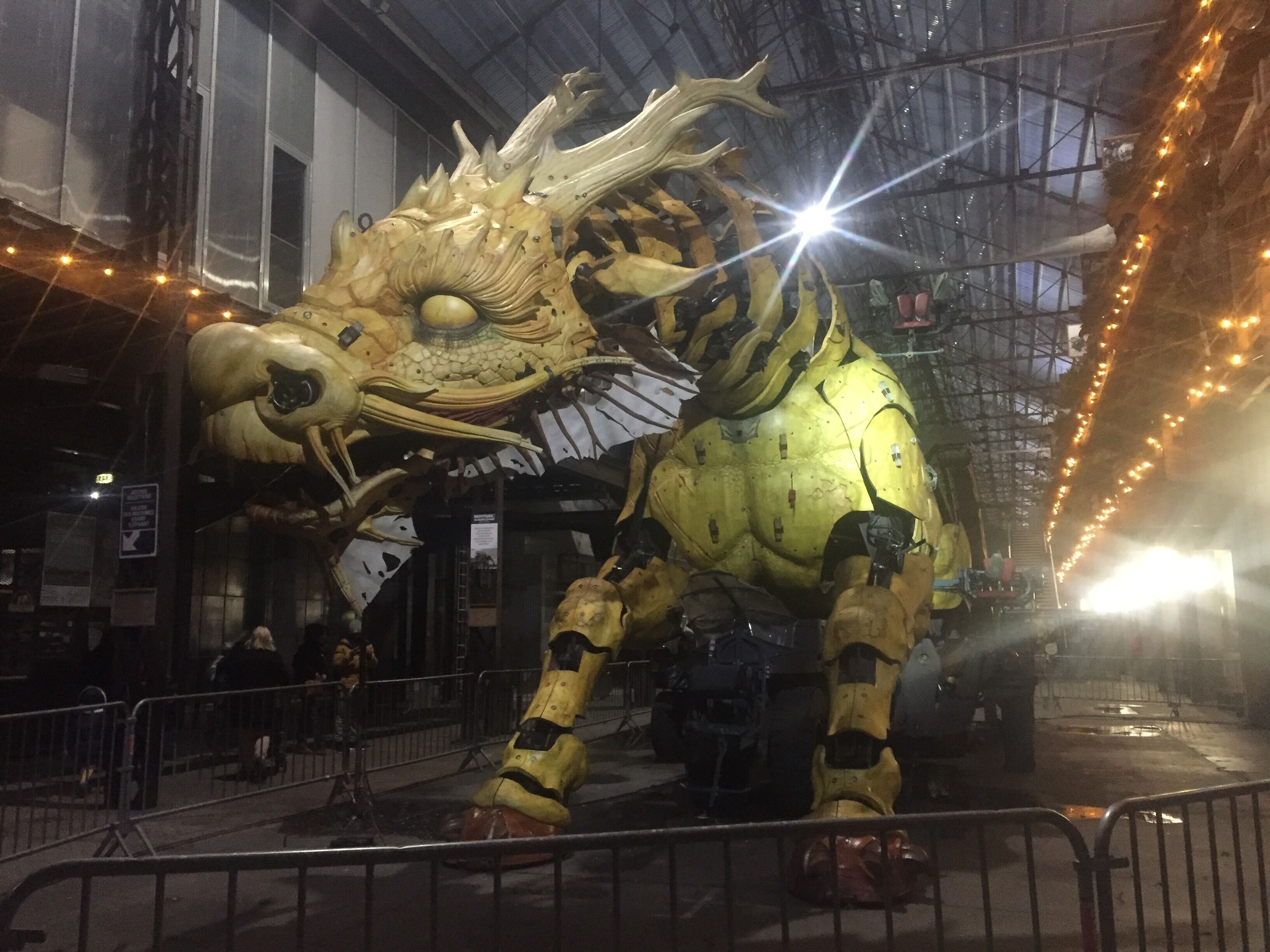 #Culture #Art #Upcycling
Have you heard about the Elephant from Nantes? Here discover the dragon-horse! Built by Deluxe, an association specializes in upcycling old mechanisms from endend boat buildings activity to create giant iron monsters. Here is the dragon-horse, 10meters high, which can send some fire to passants and held other on its neck when walking (yes, it walks). It has been created for HongKong parade and is a perfect mixture between recycling, artistic, artisanal, mechanic and creative activities! No longer in Nantes, this picture has been took few days before its departure for HongKong!