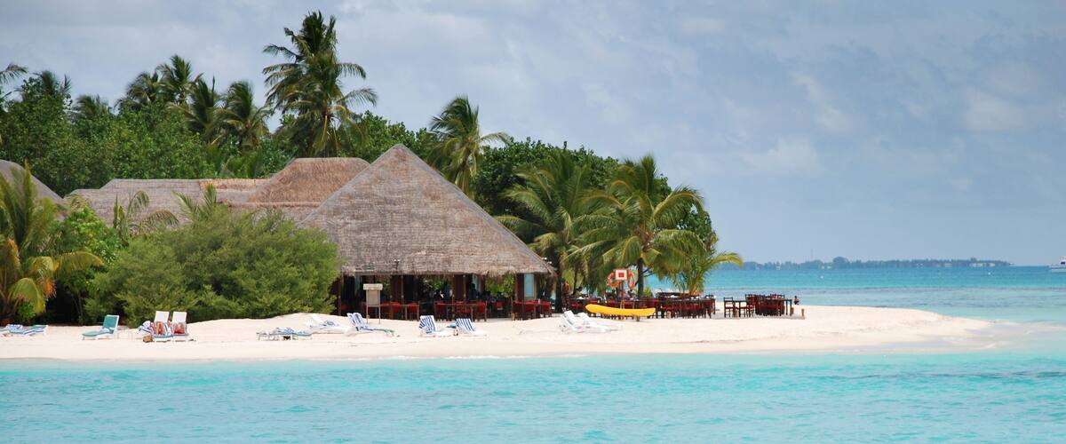 A beach with thatched-roof huts, palm trees, and white sand.